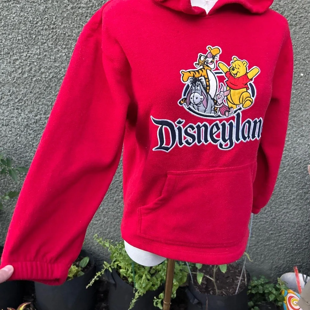 Vintage 90s Disneyland Resort Hoodie Kids Red Winnie the Pooh Fleece Pullover